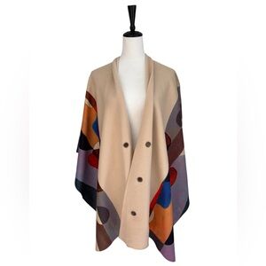 Abstract Print Cape Shawl Wrap – Wool Feel Poncho Style, Neutral Tones